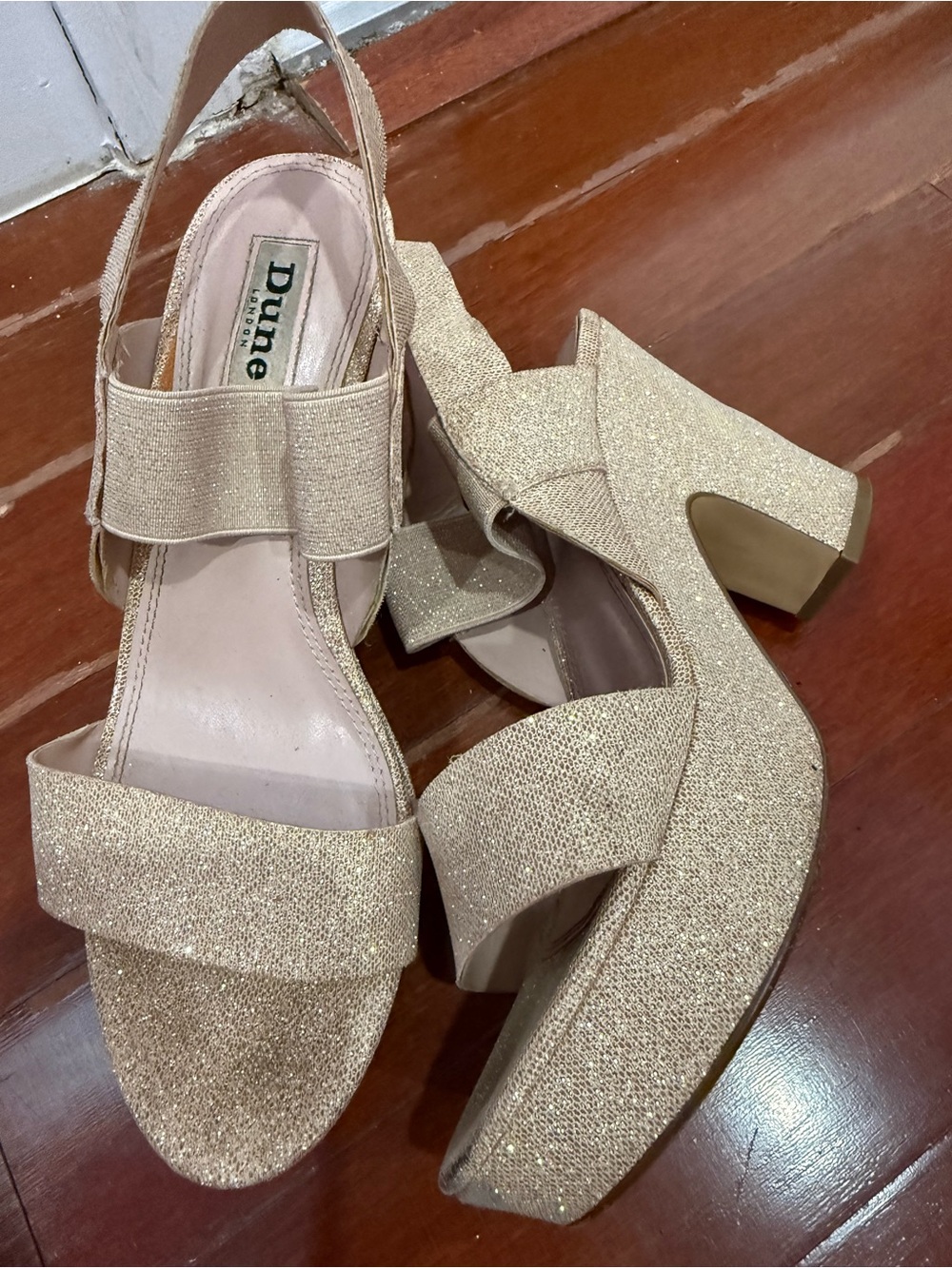 Dune London Gold Glitter Block Heel Sandals with Ankle Strap
